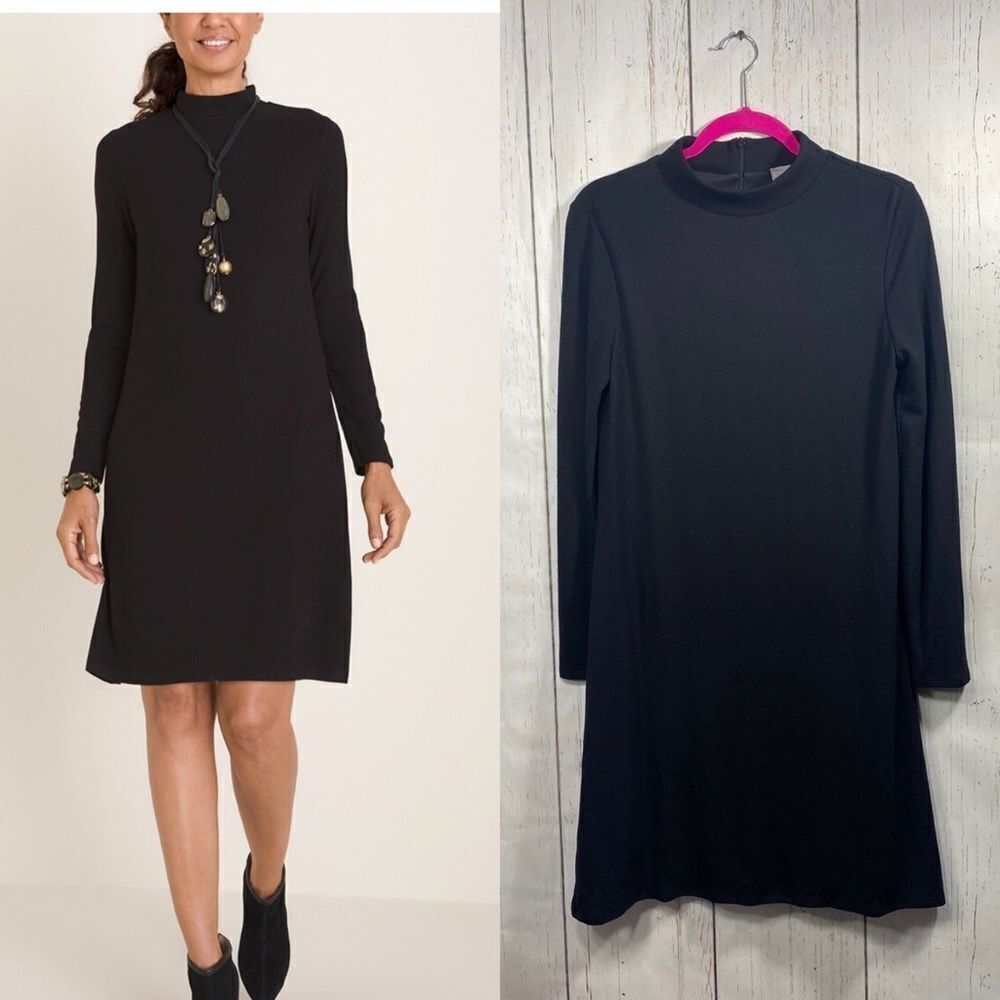 Chicos Black Long Sleeve Shift Dress Mock Neck Size S Minimalist Timeless
